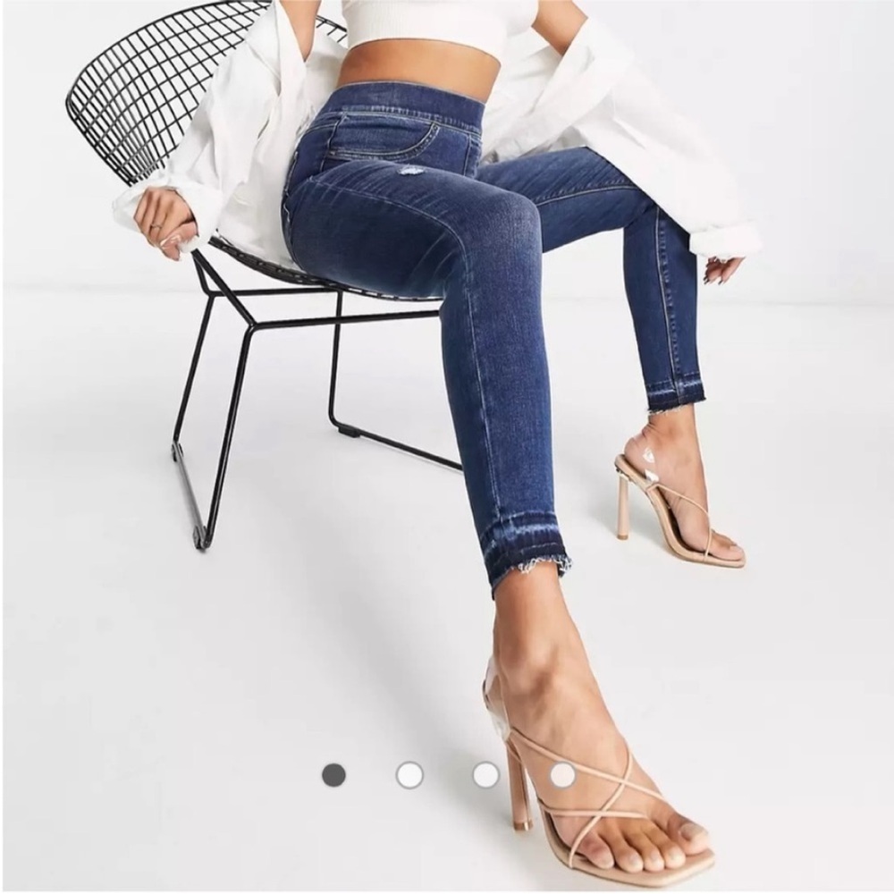 SPANX Distressed Ankle High Rise Skinny Jeans: Medium Wash - Picture 3 of 14